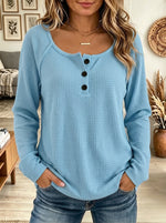 Waffle Knit Henley Long Sleeve Casual Tunic Top
