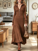 Vintage Elegant Zip Lapel Art Casual Stylish Long Sleeve Knitted Dress