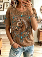 Retro Western Horse Pattern Art Stylish Short Sleeve T-shirt