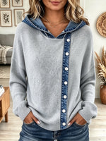 Women's Denim Contrast Button Asymmetric Knit Hoodie