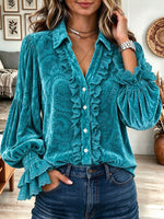 Women's Teal Embossed Velvet Button Down Shirt with Ruffle Trim and Lace Bell Sleeves