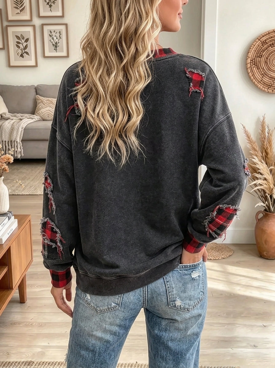 Women's Plaid Tree Distressed Wash Holiday Sweatshirt