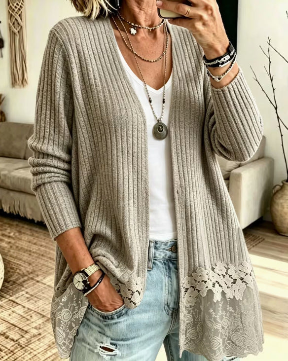 Women's Lace Hem Knit Cardigan, Open Front Long Sleeve Ribbed Knit Outerwear