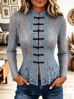 Women's Dusty Blue Floral Lace Mock Neck Top with Chinese Knot Buttons