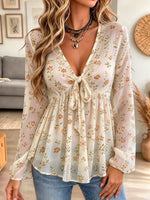 Retro Floral Pattern Art Print Casual Stylish Long Sleeve Mesh V Collar Shirt