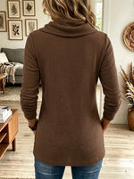Cowl Neck Asymmetric Button Waffle Knit Long Sleeve Top