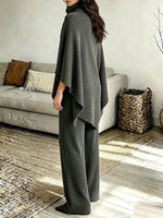 Vintage Elegant Fleece Turtleneck Cape And Cloak Two-piece Set With Wide-leg Pants