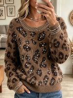 Women's Pearl Beaded Leopard Faux Fur Sweater