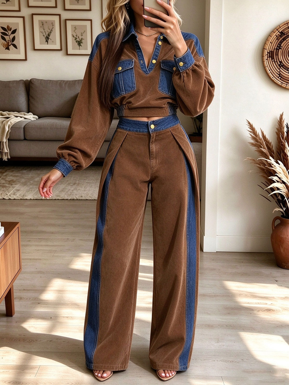 Women's Brown Corduroy and Denim Colorblock Crop Top and Wide Leg Pants Set