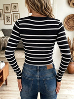 Women's Black and White Striped Ribbed Knit Henley Long Sleeve Slim Fit T-Shirt