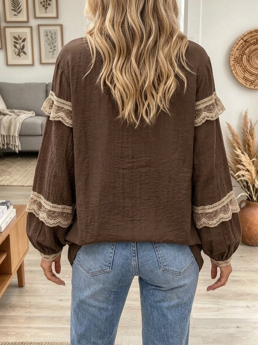Women's Scalloped Floral Lace Trim Tunic Blouse