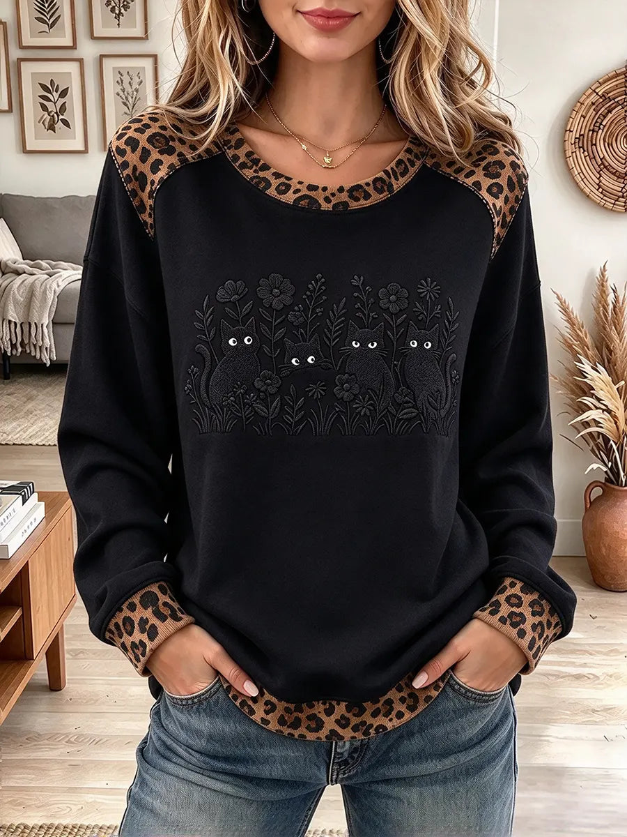 Women's Cute Black Cat With Leopard Print Sweatshirt
