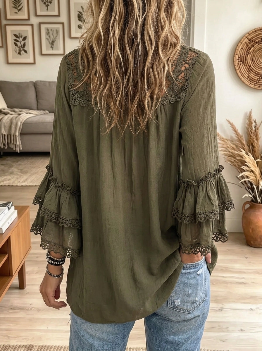 Women's Tiered Ruffle Sleeve Floral Lace Peasant Blouse