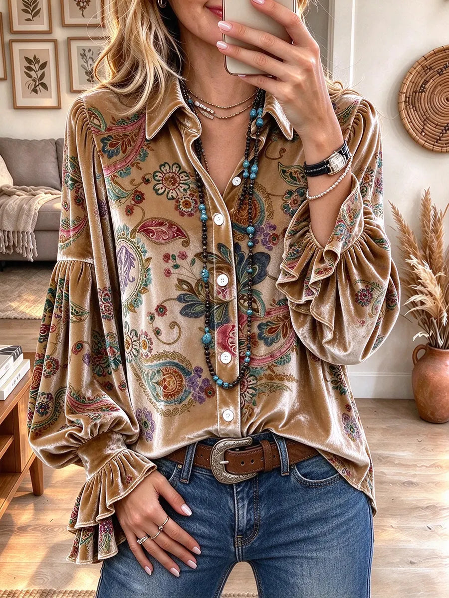 Women's Vintage Paisley Floral Velvet Button Down Shirt
