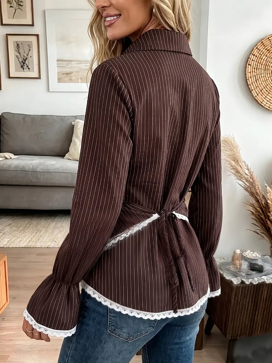Vintage Elegant Striped Patchwork Lace Crossover Waist Shirt
