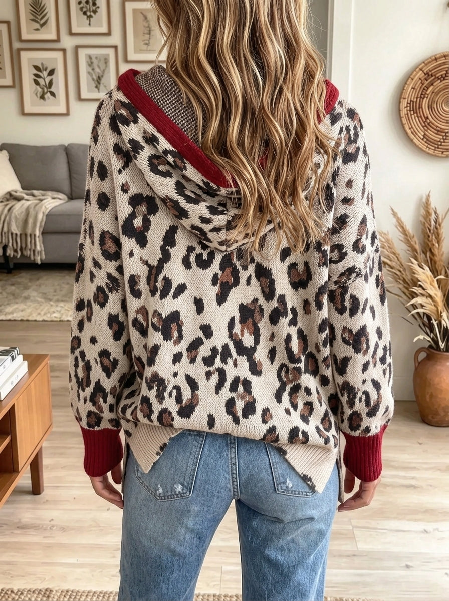Women's Leopard Half-Zip Contrast Ribbed Hoodie