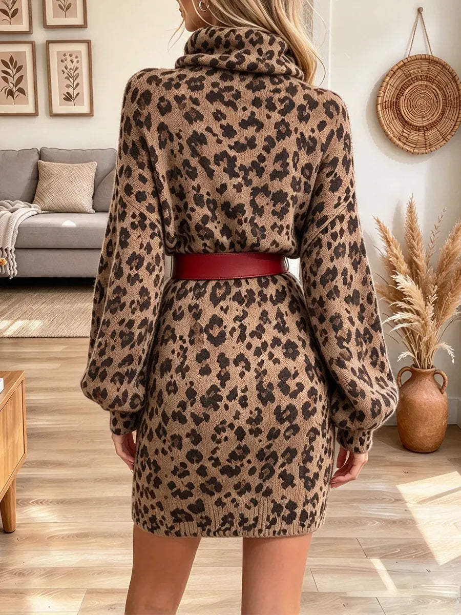 Vintage Chic Leopard Turtleneck Art Casual Knit Stylish Long Sleeve Dress