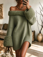 Women's Long Sleeve Fuzzy Trim Oversized Knit Mini Dress