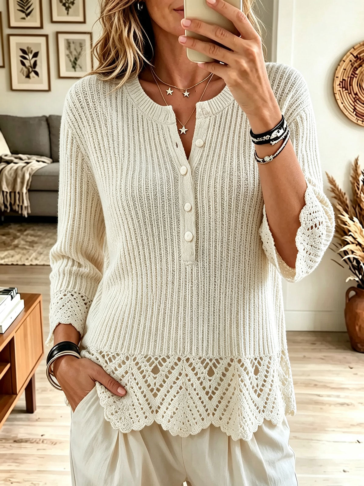 Women's Henley Ribbed Knit Top, Hollow Crochet Lace 3/4 Sleeve Casual Sweater Blouse