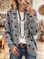 Women's Elegant Polka Dot Print Ruffled Collar Knit Cardigan