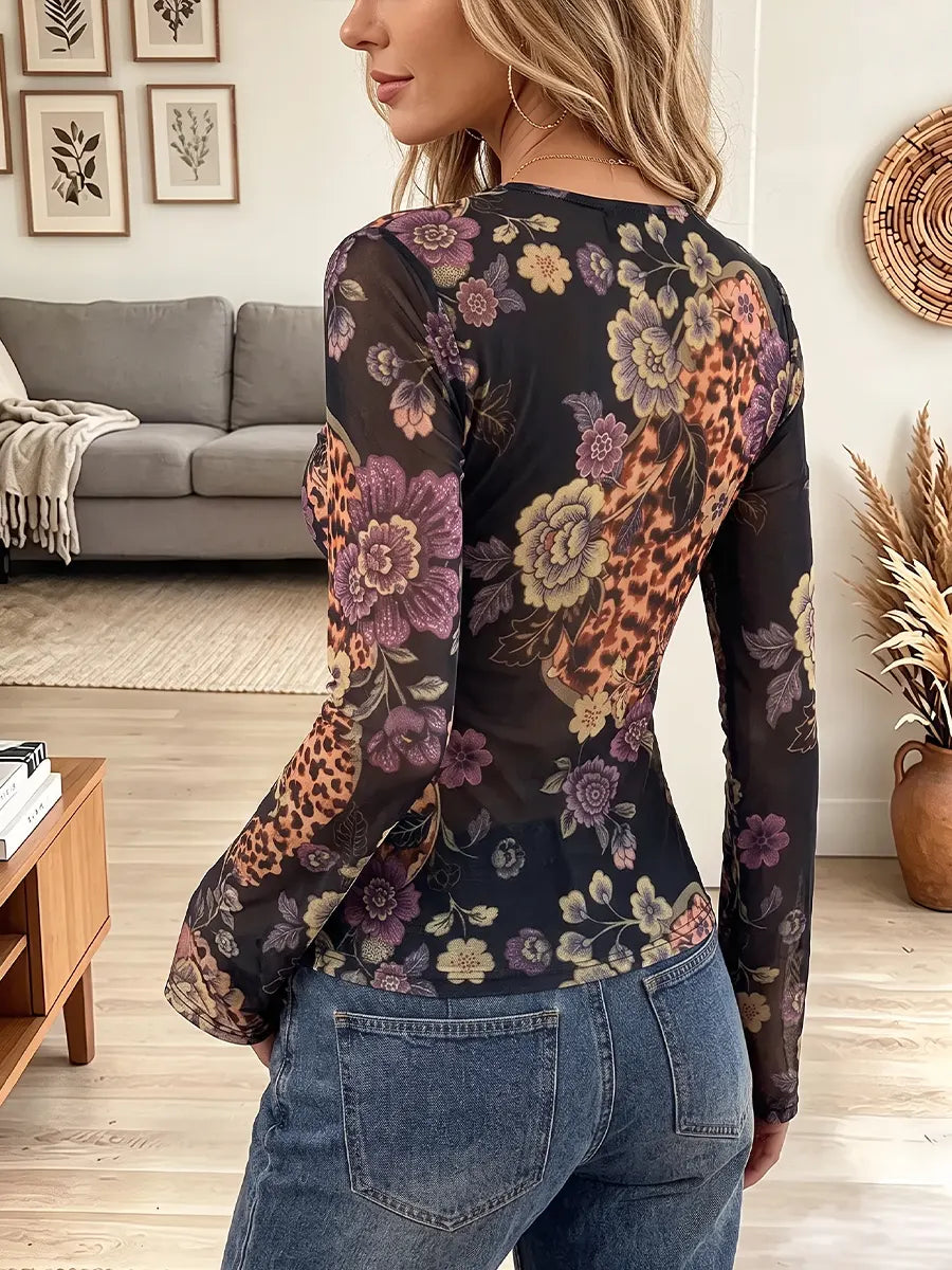 Vintage Elegant Sheer Mesh Leopard Print Shirt