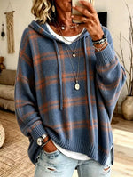 Women's Plaid Oversized Hooded Knit Sweater, Long Sleeve Drawstring Loose Pullover