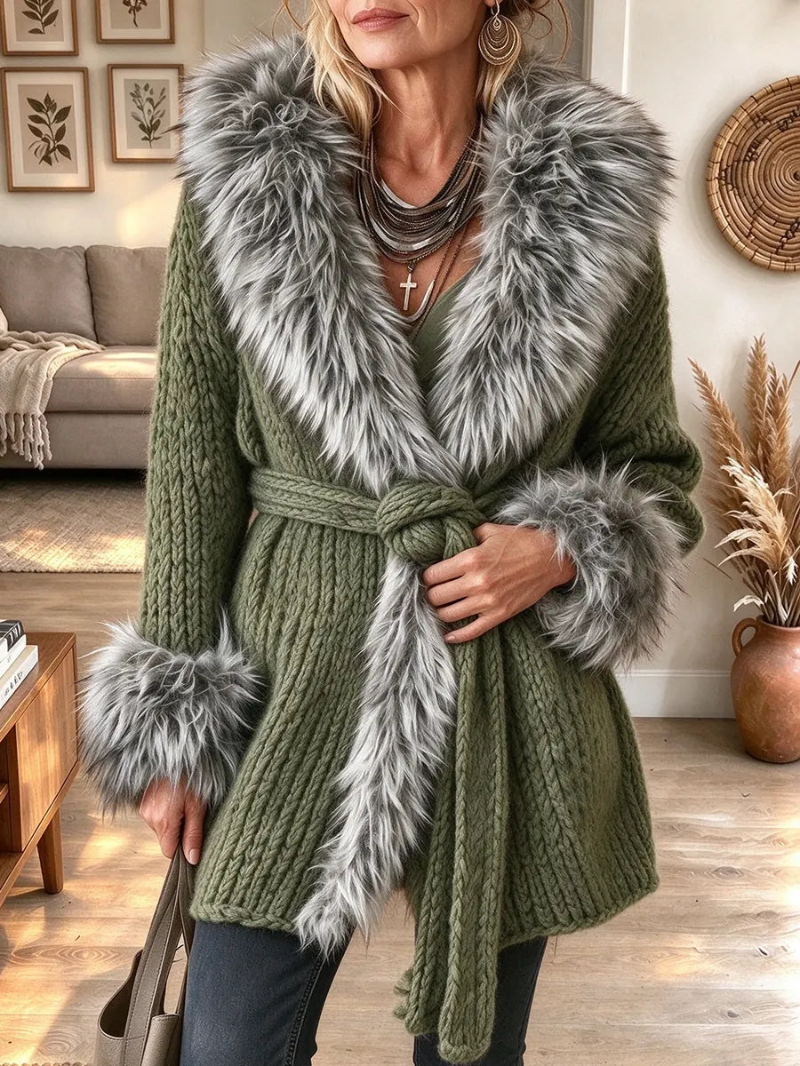 Women's Faux Fur Collar Cuffs Belted Wrap Long Sleeve Sweater Jacket
