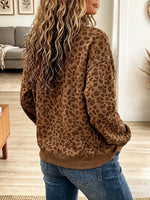 Vintage Elegant Washed Leopard Print High Neck Pocket Sweatshirt