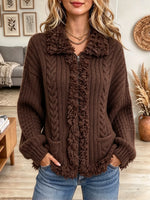 Women's Fuzzy Trim Cable Knit Zip-Up Cardigan