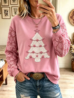 Women's Christmas Tree Sequin Patch Sweatshirt, Floral Lace Long Sleeve Round Neck Pullover
