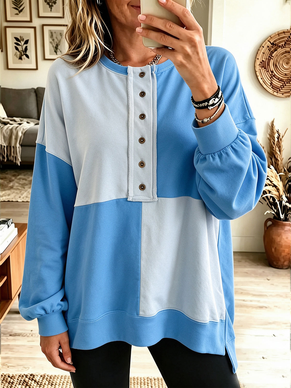 Women's Colorblock Henley Sweatshirt, Button Placket Bubble Sleeve Casual Pullover