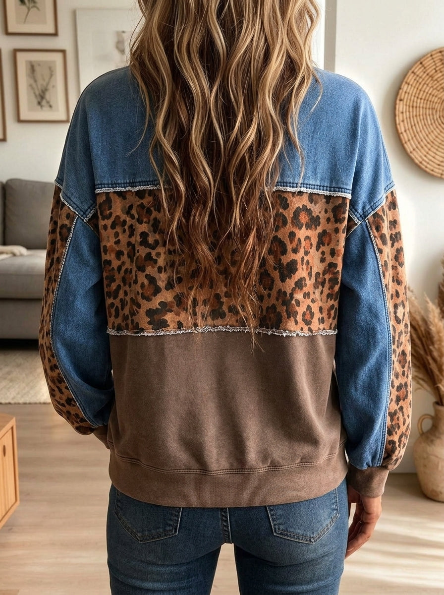 Women Denim Leopard Patchwork Sweatshirt, Round Neck Long Sleeve Loose Pullover