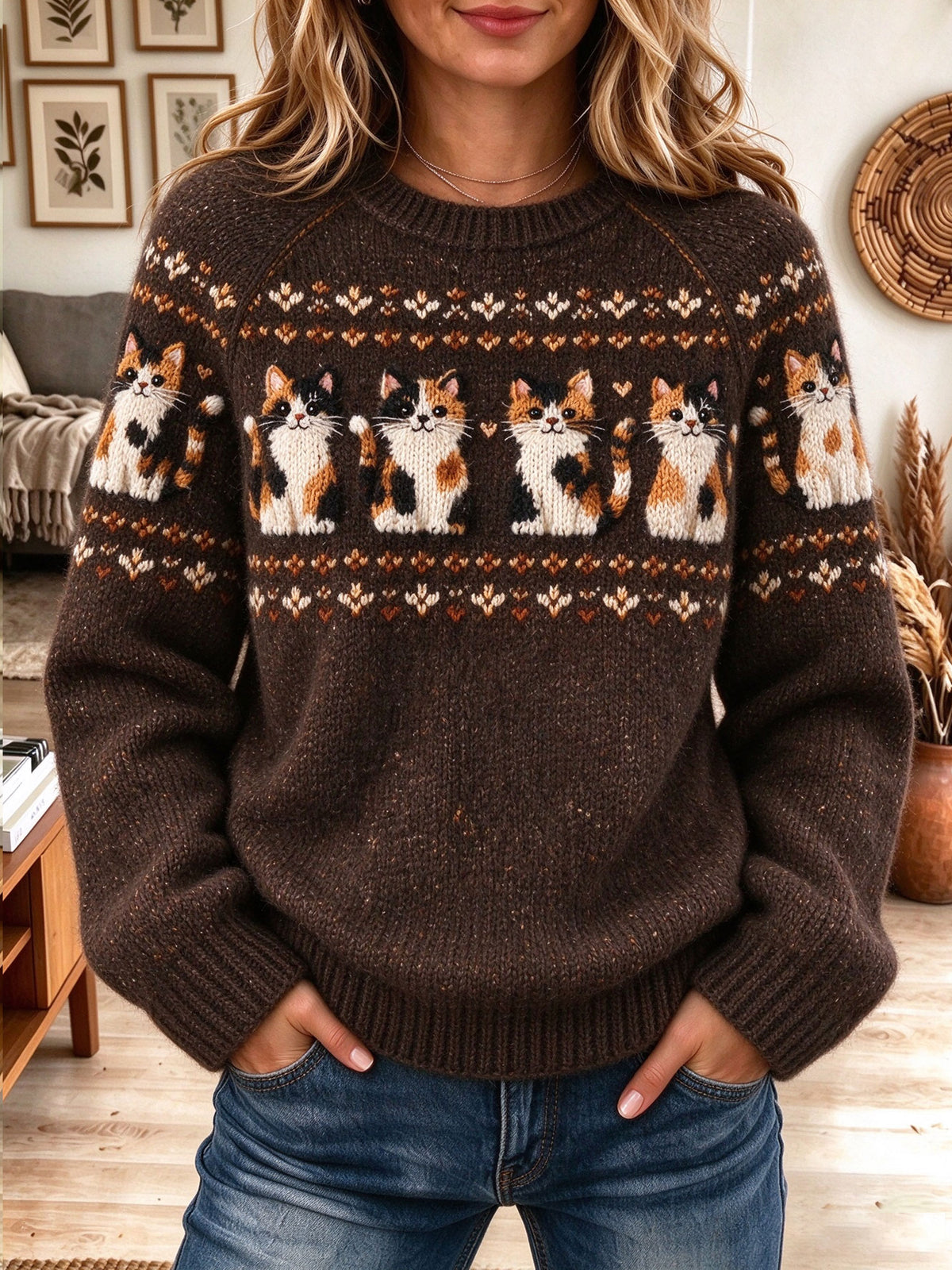 Women's Cute Cat Graphic Embroidered Crew Neck Long Sleeve Knit Sweater