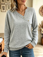 Women's Diagonal Button V Neck Sweatshirt, Long Sleeve Raglan Loose Casual Pullover