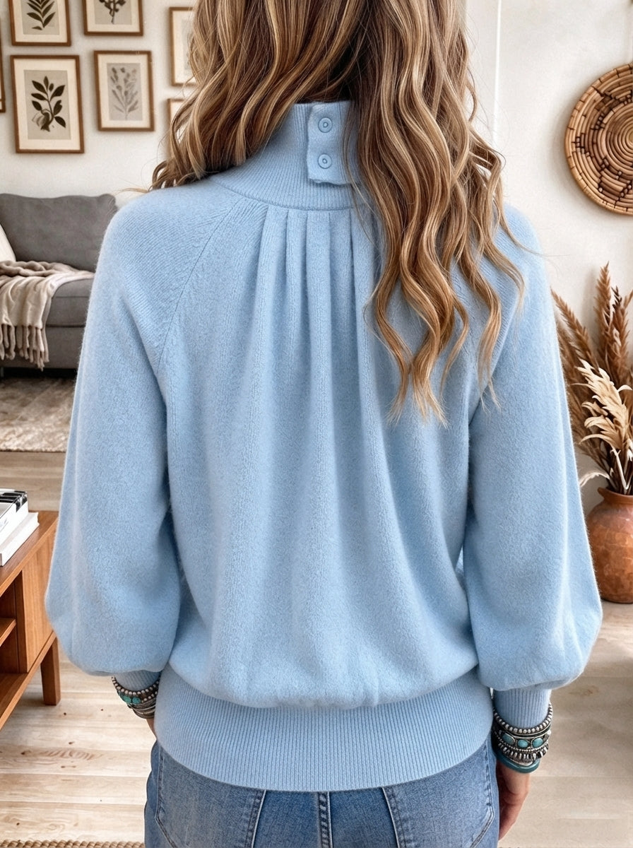 Women's Sky Blue Turtleneck Pleated Knit Sweater with Lantern Sleeves