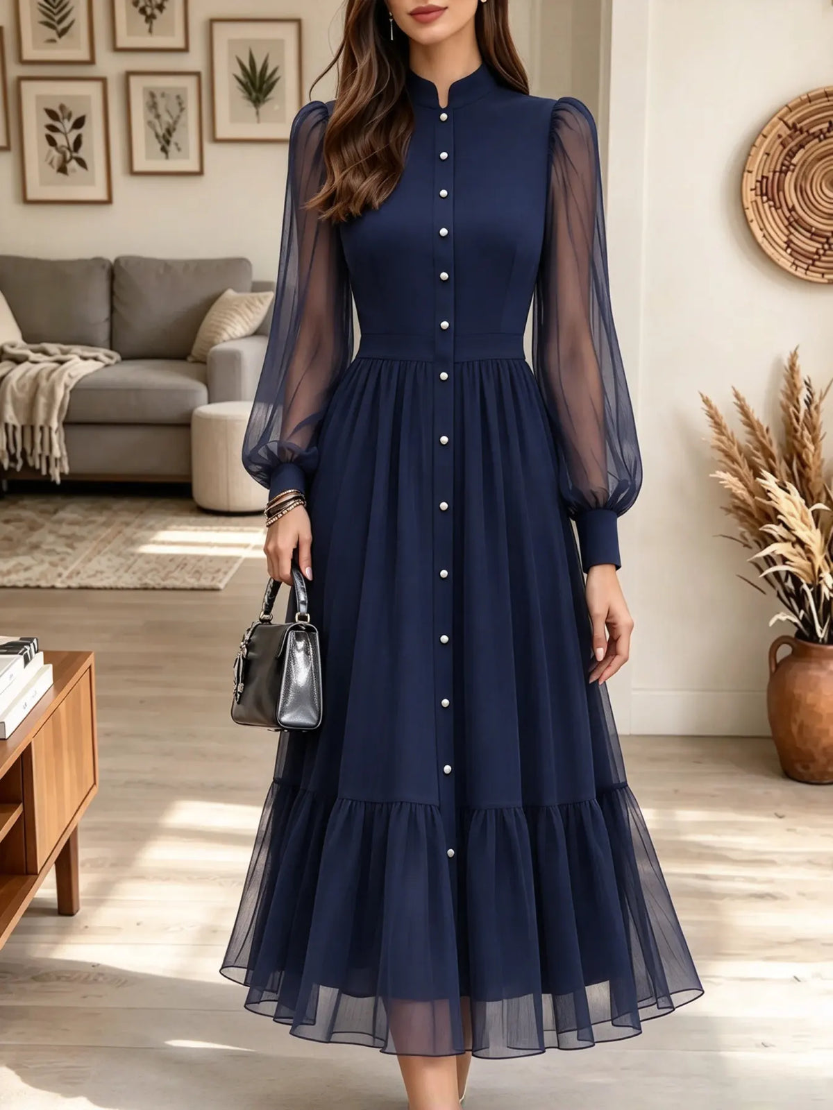 Women's Sheer Lantern Sleeve Button-Front Maxi Dress