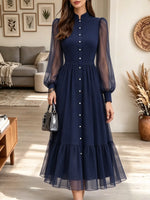 Women's Sheer Lantern Sleeve Button-Front Maxi Dress