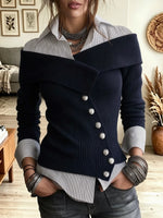Women's Off Shoulder Mock Layered Knit Symmetric Button Long Sleeve Blouse