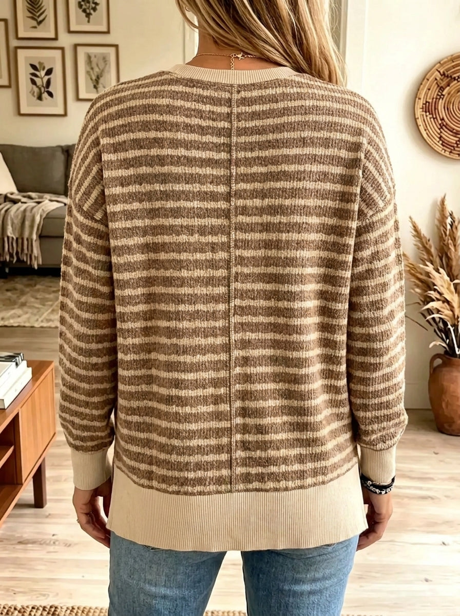 Women's Striped Drop-Shoulder Side-Slit Knit Sweater