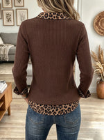 Women's Leopard Collar Trim Ribbed Top