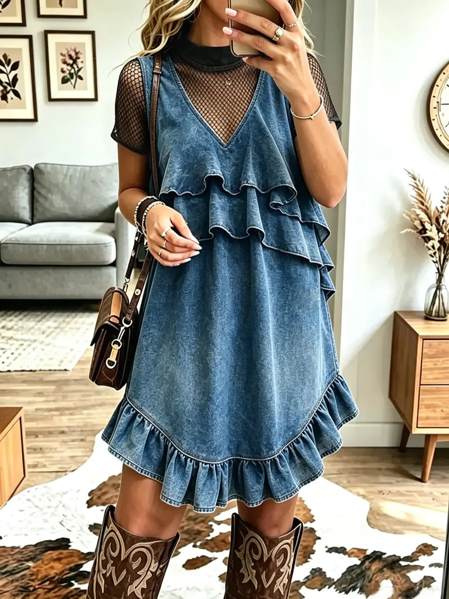 Vintage Western V Collar Ruffle Art Casual Stylish Midi Denim Dress