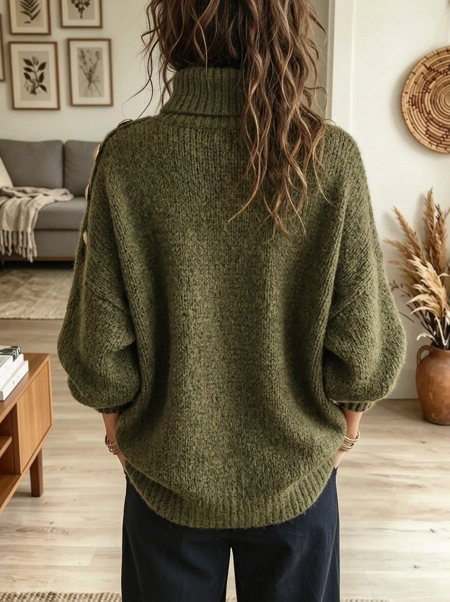 Women's Gold Button Shoulder Turtleneck Knit Sweater