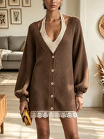 Women's Scalloped Lace Hem Button-Down Cardigan Sweater Dress
