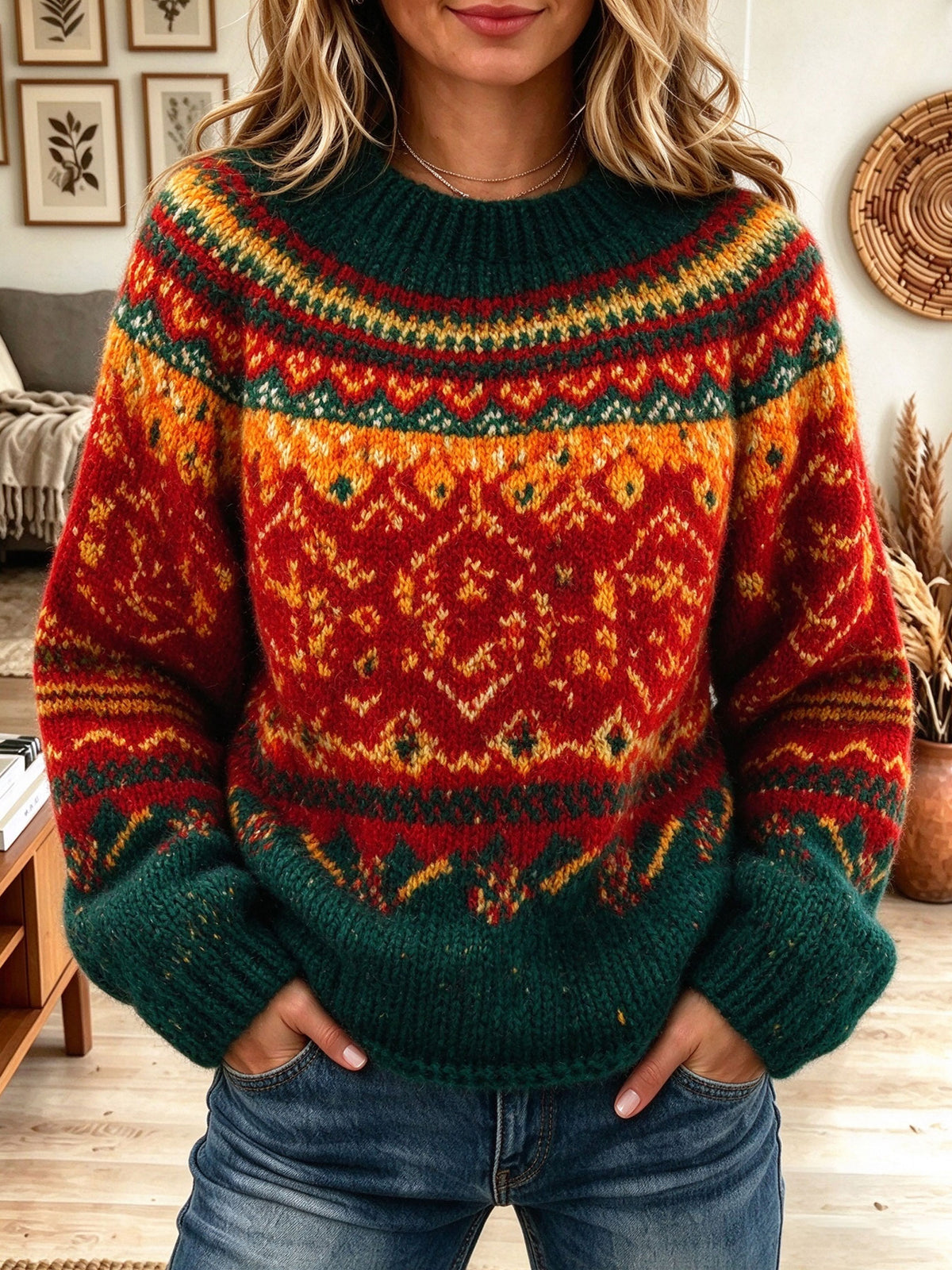 Women's Fair Isle Pattern Festive Crew Neck Long Sleeve Knit Pullover Sweater