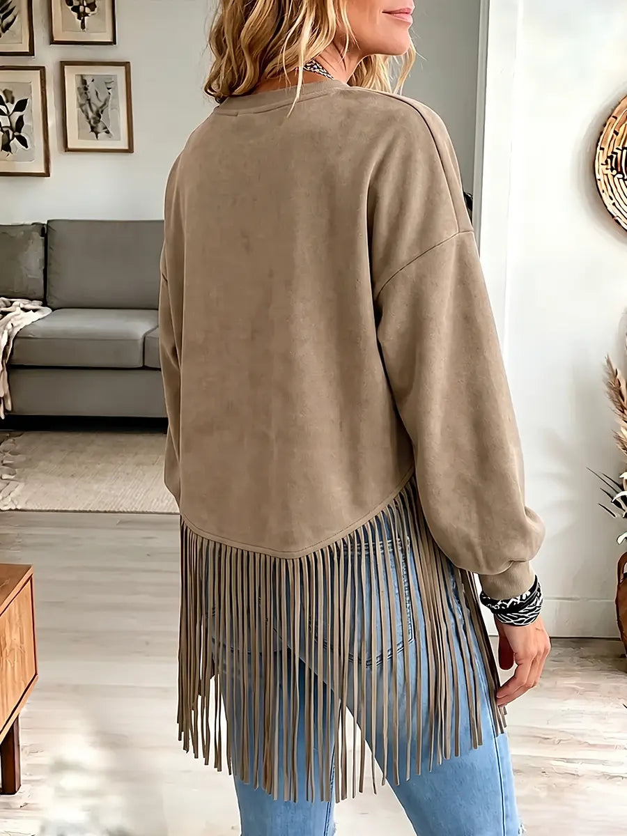 Vintage Elegant Round Neck Patchwork Tassel Suede Shirt