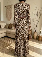 Women's Leopard Print Long-sleeve V-neck Cardigan Long Dress（Belt not included）