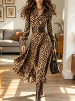 Vintage Chic Leopard Print Lapel Art Casual Stylish Long Sleeve Dress
