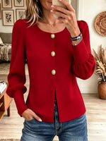 Women's Gold Button Puff Sleeve Knit Top