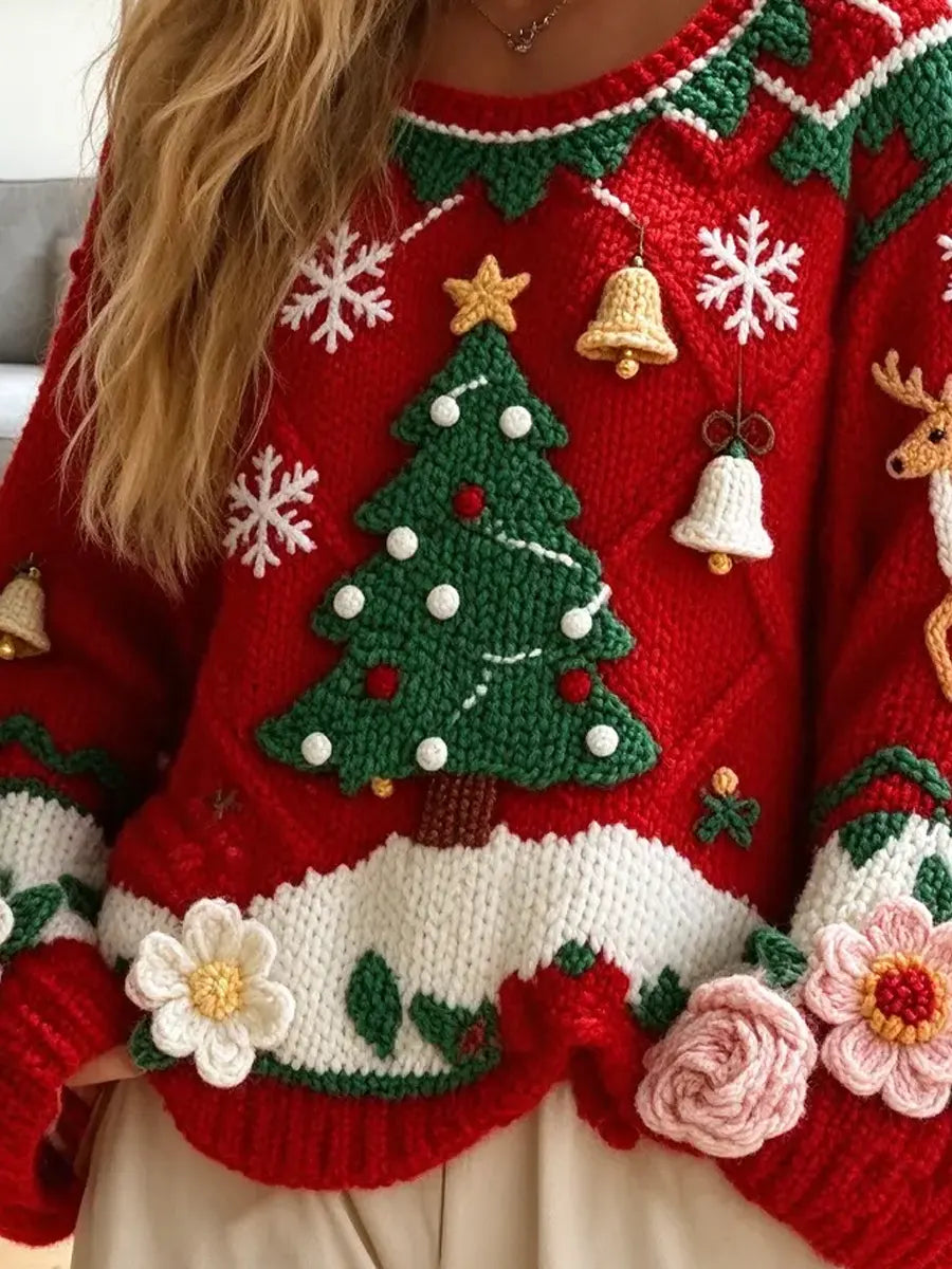 Vintage Floral Christmas Tree Knitted Art Casual Stylish Long Sleeve Sweater