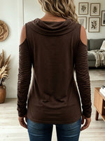 Brown Cowl Neck Cold Shoulder Ruched Long Sleeve Wrap Top